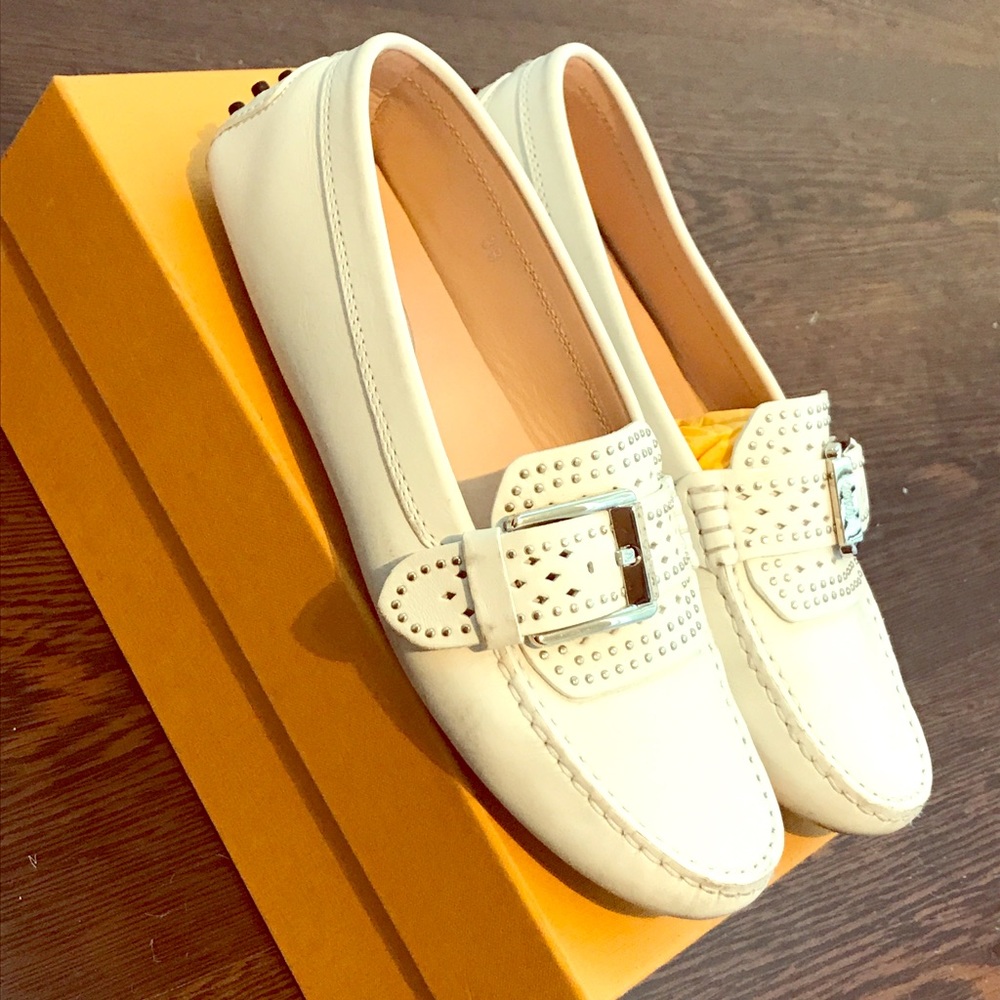 Tod’s Studded Italian White Leather Mocassins